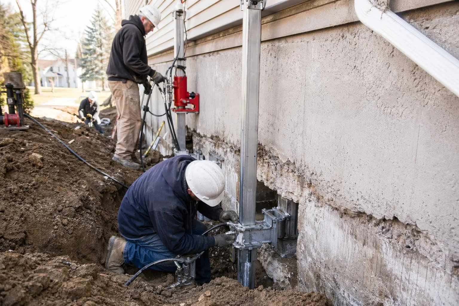 Foundation repair crew installing helical piers along a residential foundation wall