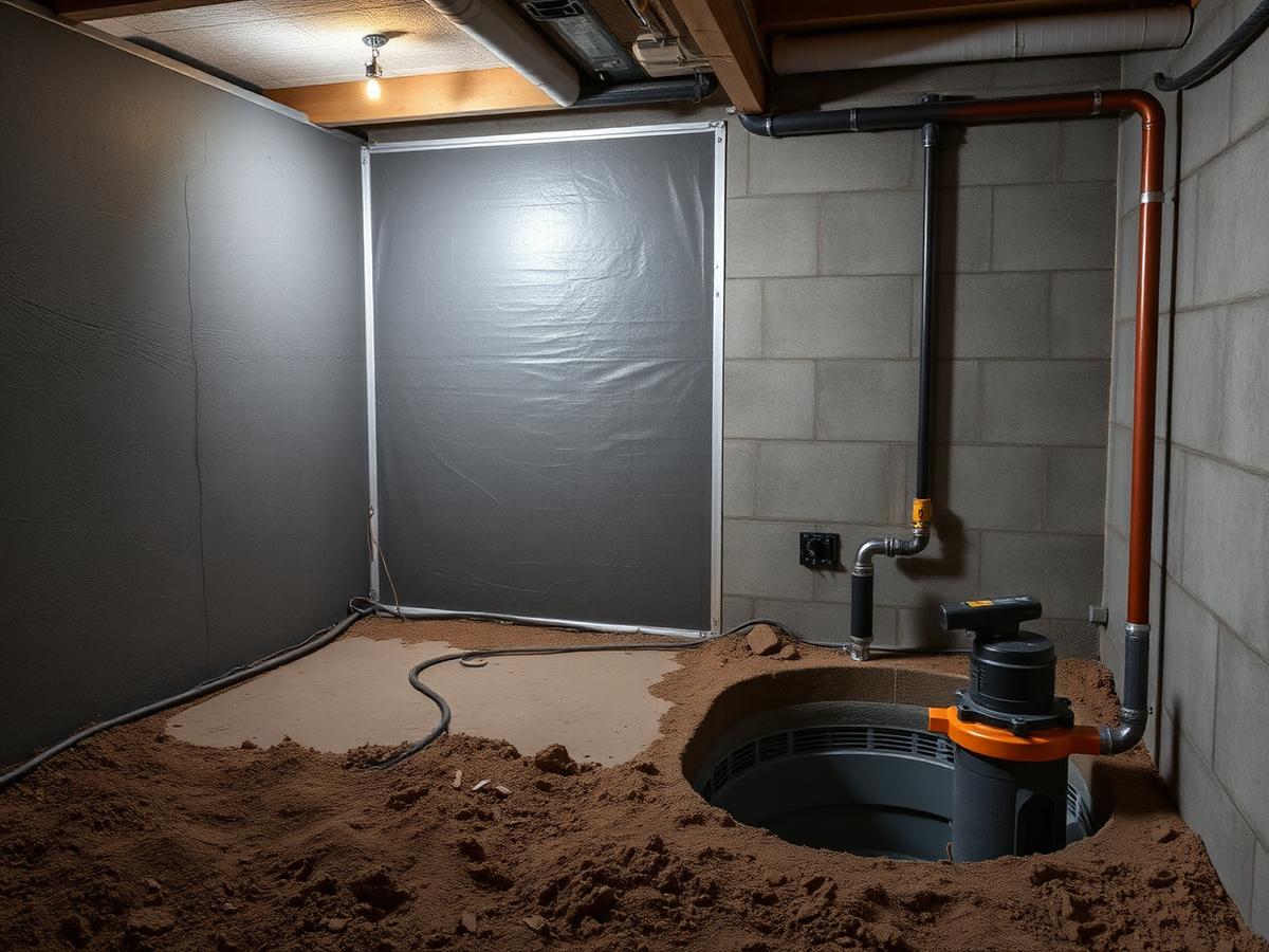 Interior basement waterproofing with new sump pit and drainage membrane