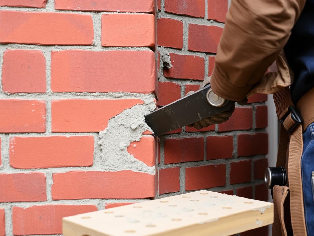 Mason repointing mortar joints on a red brick Toronto house